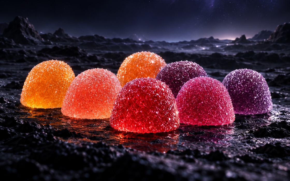 Fruit gummies on a lunar surface